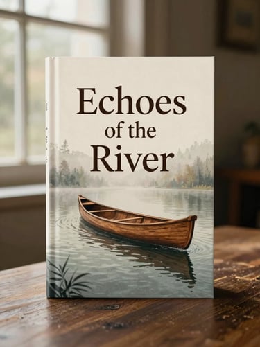 A beautiful book cover mockup of a novel titled 'Echoes of the River' featuring an elegant hand-drawn illustration of a wooden canoe on a misty river, warm editorial tones