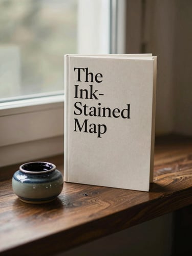 A book cover mockup of 'The Ink-Stained Map' next to a small ceramic inkwell, soft window light, shallow depth of field.