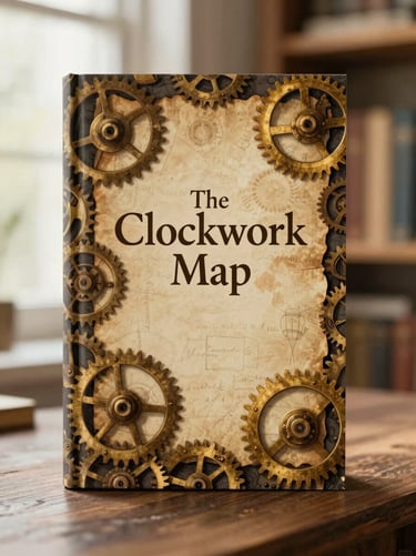 A beautiful book cover mockup of a novel titled 'The Clockwork Map' featuring an elegant hand-drawn illustration of brass gears and ancient parchment, warm editorial tones