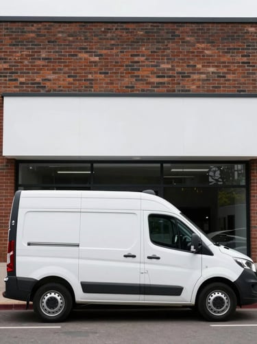 Straight-on architectural shot of a secure, unmarked white delivery vehicle parked outside a brick storefront under bright overcast natural daylight, highly structured and clinical.