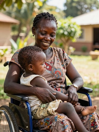 Close-up of a smiling Kenyan mother with a physical disability playing with her child in a sunlit garden, warm tones, warm editorial photography, 35mm.