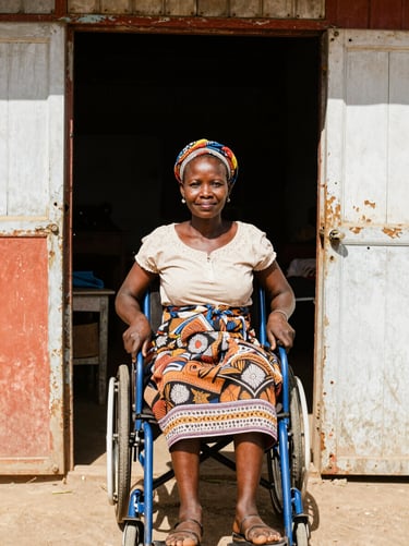 Warm portrait of a Kenyan female entrepreneur with a physical disability standing proudly outside her shop in Mombasa, bright East African sunlight, warm editorial photography, 35mm.