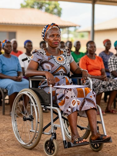 Dignified portrait of a Kenyan woman using a wheelchair leading an advocacy workshop in Kisumu, bright natural light, warm editorial photography, 35mm.