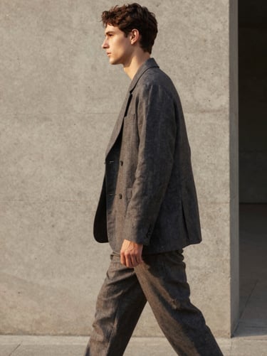 Model in motion wearing a fluid charcoal linen jacket, walking past a concrete architectural wall, soft late afternoon light, 35mm lens