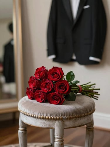 A vertical artistic shot of a bouquet of deep red roses resting on a light gray antique stool in a dressing room. A tuxedo jacket hangs in the soft-focus background. Elegant, after-show atmosphere.