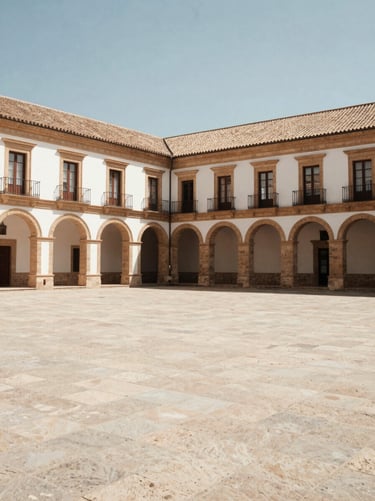 An evocative wide shot of an empty, elegant stone courtyard in a historic building, used for summer concerts. The architecture is classic and clean. Colors of warm taupe and soft off-white under a clear sky. Southern European / Spanish heritage site.
