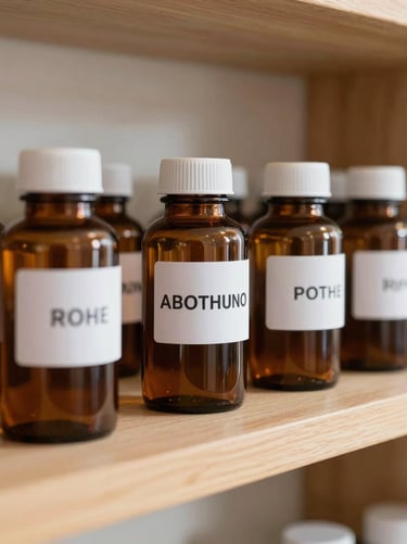 A close-up of neatly labeled amber apothecary jars on a clean wooden shelf, soft diffused daylight streaming from the side, pristine and clinical environment.