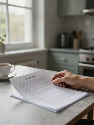 Wide shot of a person sitting at a kitchen table reviewing a printed document, natural window light from the side, coffee cup visible, calm domestic setting, no face shown