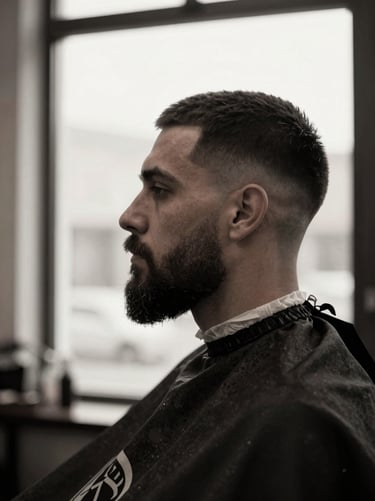 High-contrast side-lit portrait of a barber detailing a clean beard line, desaturated charcoal tones, shallow depth of field, 35mm