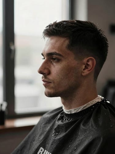 High-contrast side-lit portrait of a master barber, focused expression, desaturated charcoal tones, shallow depth of field, 35mm