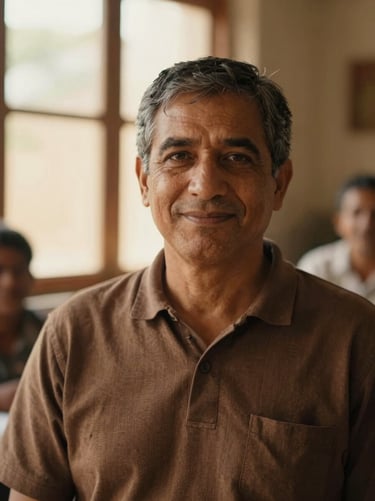 A warm editorial portrait of a male leader in his 50s, soft natural window light, rich earthy tones, friendly expression, 35mm lens.