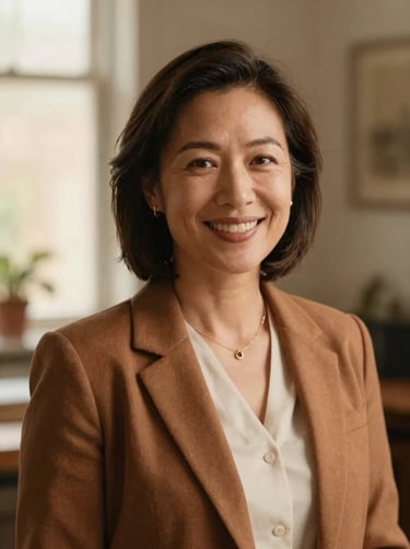 A warm editorial portrait of a female leader in her 30s, soft natural window light, rich earthy tones, professional and welcoming, 35mm lens.