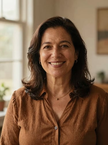 A warm editorial portrait of a female leader in her 40s, soft natural window light, rich earthy tones, authentic smile, 35mm lens.