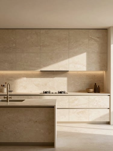 High-end modern kitchen with warm beige stone surfaces, minimalist architecture, soft daylight, warm architectural photography, 35mm