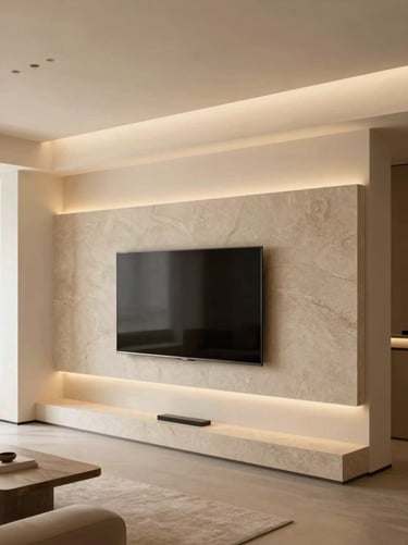 Detail shot of a minimalist warm living room with an architectural TV wall, integrated soft lighting, stone texture, luxury Belgian design, warm architectural photography, 35mm