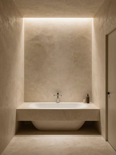 Luxury minimalist bathroom, seamless micro-cement walls, warm sand tones, organic design, warm architectural photography, 35mm