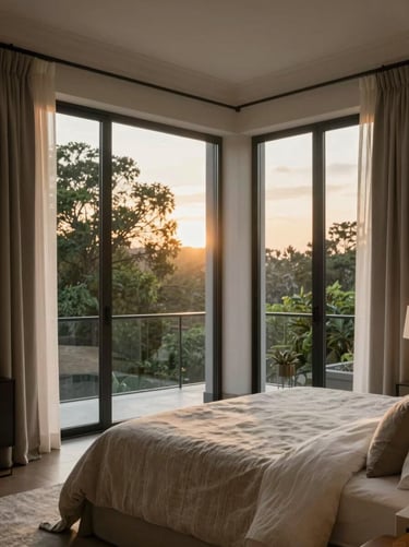 Cozy sophisticated bedroom with large glass windows showing green treetops, soft linen textures, warm sunset light, high-end real estate photography