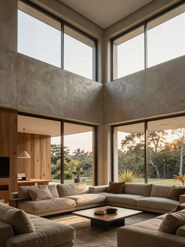 Warm architectural photography of a minimalist living room in Caxias do Sul, high ceilings, soft natural afternoon light streaming through large windows, elegant concrete and wood textures