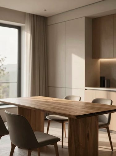Elegant modern apartment dining area, warm lighting, minimalist wooden table, high-end finishing, soft morning light, architectural digest style
