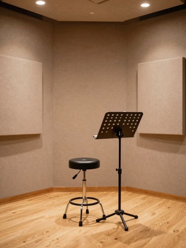 A wide-angle shot of a cozy recording booth with a stool and a music stand. The walls are covered in warm beige acoustic foam. The lighting is soft and golden, creating an inviting space for artistic creation.