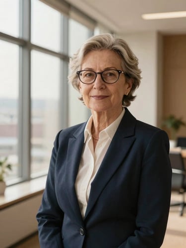 Portrait of a senior female consultant with glasses, soft window light, modern corporate office background, warm editorial style