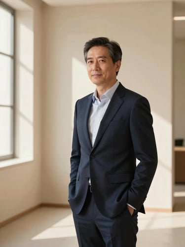 Portrait of a mid-aged male consultant in a minimalist architectural space, soft side light, warm champagne tones