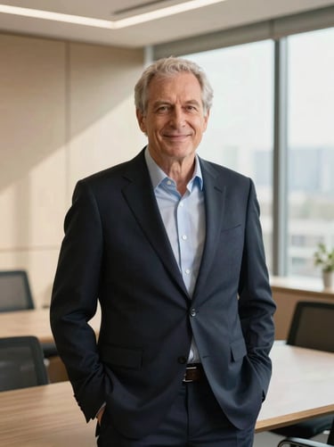 Portrait of a senior male consultant in a light-filled modern office, warm natural lighting, professional and approachable, editorial corporate style