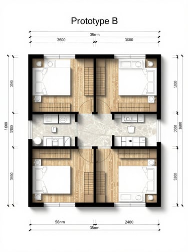 Overhead architectural floor-plan diagram of Prototype B showing room layout, dimensions labeled, clean line drawing on white background, no color fill