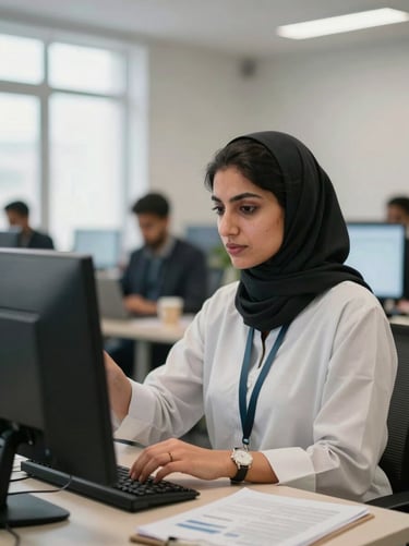 Portrait of a female Afghan data scientist in a modern Kabul office, analyzing quantitative models on a screen, soft diffused lighting, professional editorial style.