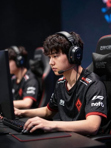 Esports player at a tournament workstation, sharp downward stage light, controller or mouse gripped tightly, concentrated expression, dark cinematic background