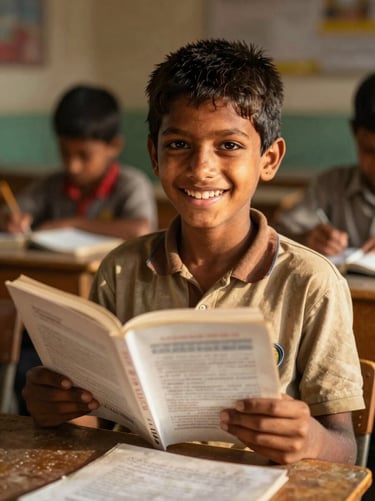 A young Indian village boy smiling brightly, holding an open textbook in a sunlit classroom, warm natural golden hour light, candid portrait.