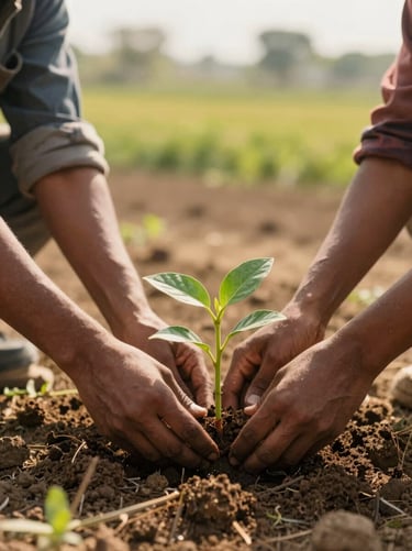 Hands of volunteers planting a fresh green sapling in rich brown soil, rural Uttar Pradesh background with soft-focus fields, warm midday sun.