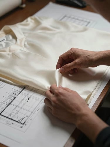 Portrait framing, close-up of a master couturier's hands analyzing heavy silk fabric swatches next to architectural floor plans, dramatic side lighting.