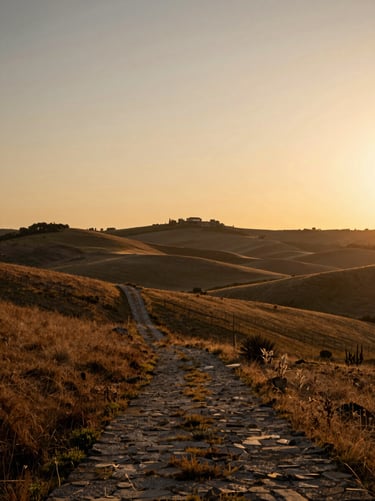 A cinematic landscape of rolling hills in the Spanish countryside during golden hour, with a small stone path leading into the distance. Low-detail areas for a calm mood, warm light, and a soft sand-colored sky.