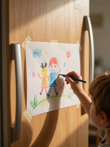 Soft golden hour light illuminating a child's colorful drawing taped to a warm wooden refrigerator door, close-up details, quiet household atmosphere.