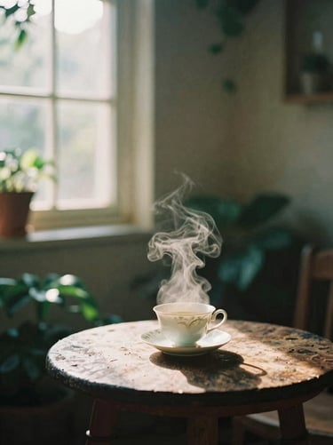 Lush damp garden corner, steam rising from a delicate teacup on a rustic table, soft morning light, 35mm film look