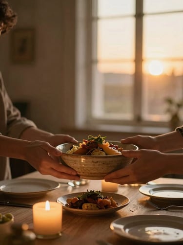 Warm candlelit dinner setting, hands passing a rustic ceramic bowl of food, soft golden hour window light, shallow depth of field