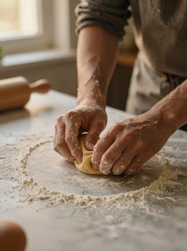 Hands kneading fresh pasta dough on a flour-dusted marble counter, warm side lighting, rich earthy tones