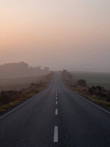 A wide-angle shot of a winding country road disappearing into a soft mist at sunset. The lighting is ethereal and hazy, using #F5F0E1 for the sky and #262626 for the road. The style is timeless and cinematic.
