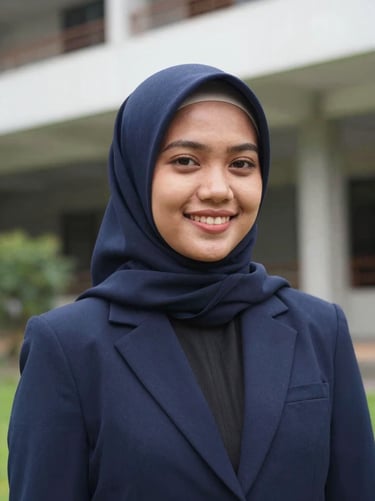 Medium close-up portrait of a female Indonesian student leader wearing a hijab and navy blue blazer, smiling, professional academic setting, sharp focus, 35mm.