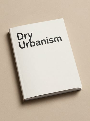 A minimalist book cover mockup for 'Dry Urbanism' lying on a warm beige textured surface. Clean charcoal typography on a soft off-white cover.