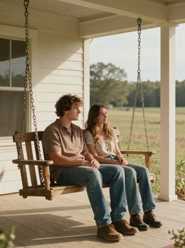 A candid photograph of a couple sharing a quiet moment on a porch swing of a North American / US farmhouse. The style is cinematic and authentic, capturing genuine human connection in a warm, sun-drenched environment with soft sand wood tones.
