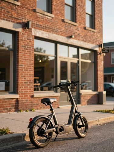 E-bike parked near a historic brick storefront in Niagara-on-the-Lake, warm afternoon sun, shallow depth of field.
