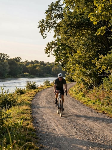 Rider cruising effortlessly on a flat gravel trail alongside the Grand River, dappled forest sunlight.