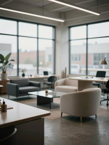 A wide-angle professional photograph of a contemporary North American design studio with a blurred background of large windows and sophisticated minimalist furniture.