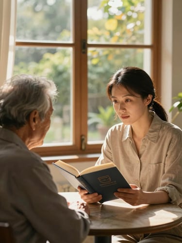A woman in her late thirties seated beside an elderly resident at a table, both looking at a book together, warm golden afternoon light through a garden-facing window, natural and unposed moment