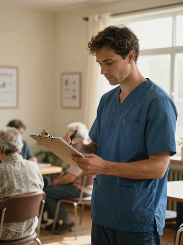 A male care professional in his mid-forties checking notes on a clipboard in a warmly lit common room, soft afternoon window light from the right, residents' chairs visible in the background, candid and unhurried