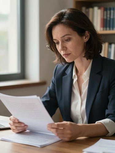 Close environmental portrait of a woman in her early fifties reviewing documents at a desk near a window, natural north-facing daylight, calm and focused expression, bookshelves softly visible in the background, no flash