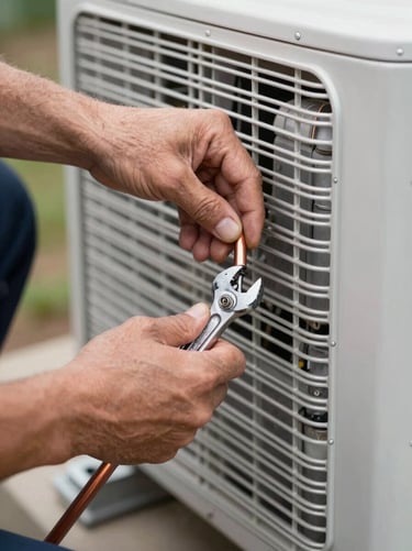 Close-up of a technician's hands connecting copper refrigerant lines with a wrench inside an outdoor AC condenser unit, daylight from the side revealing the aluminium fins and compressor housing in sharp focus, the hands occupying the left two-thirds of the frame with the unit's metal casing in the background
