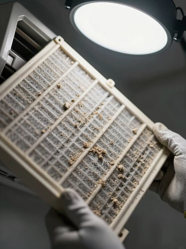 Extreme close-up overhead shot of a dirty AC filter being lifted out of its housing by gloved hands, clogged dust visible in sharp detail, studio strobe light from above showing every fibre of debris against the white filter mesh, the aluminium frame of the unit visible at the edges